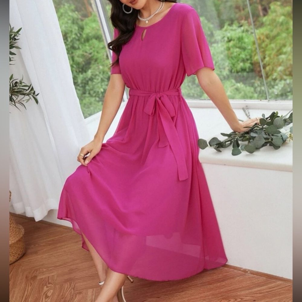 Boho hot pink belted chiffon dress - Picture 5 of 6